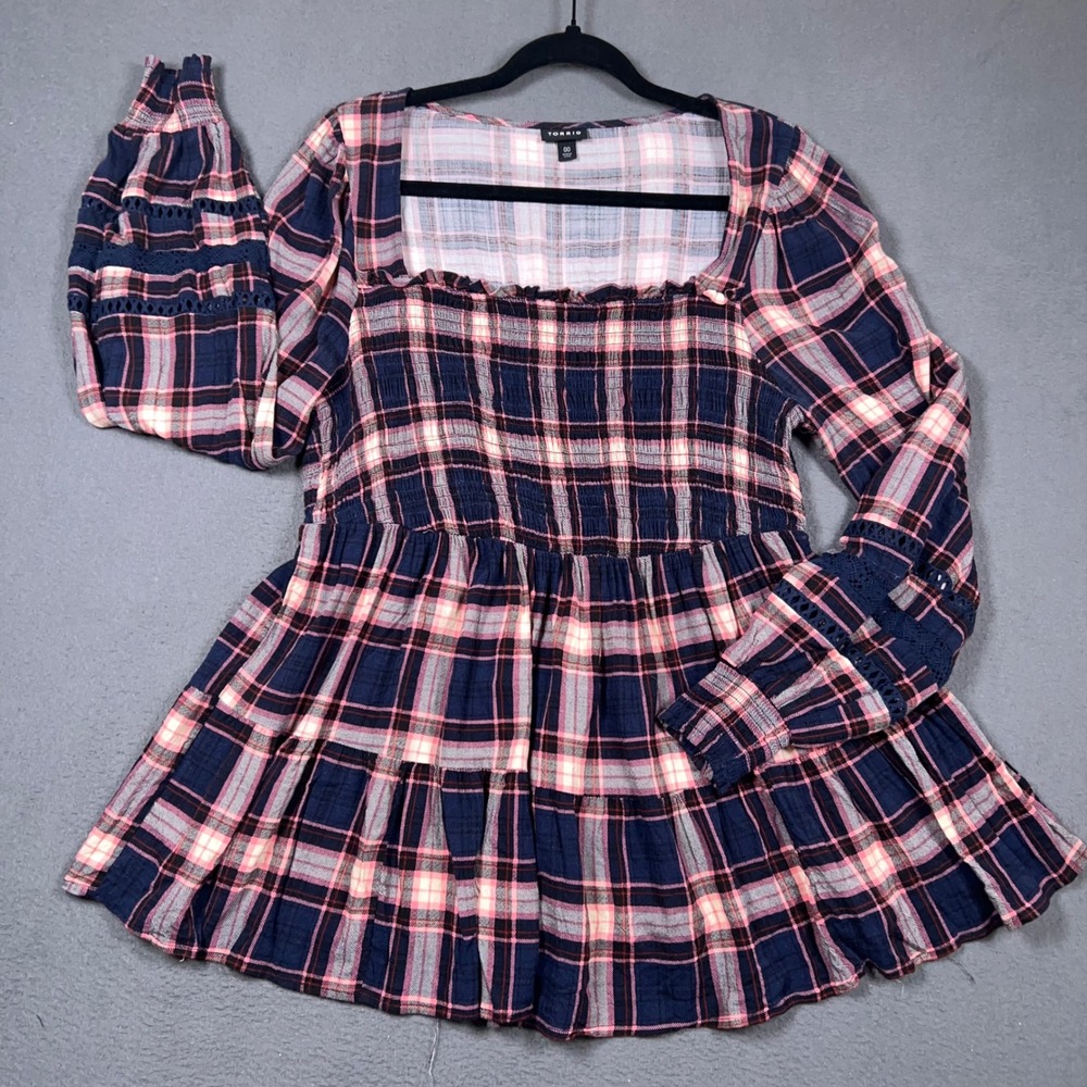 Torrid Top Womens 00 Blue Pink Plaid Smocked Tiered Peplum Crochet Lace Sleeve